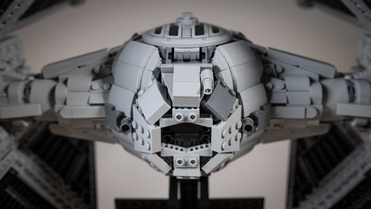 Lego TIE Interceptor close-up of rear view on a neutral background