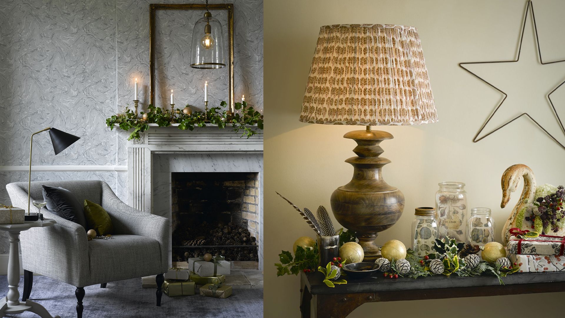 christmas bedroom with lamps and festive foliage
