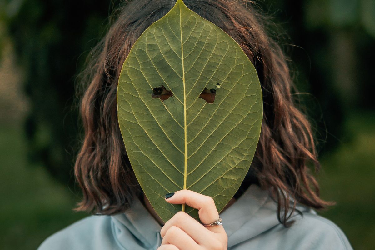 A person hiding behind a large leaf