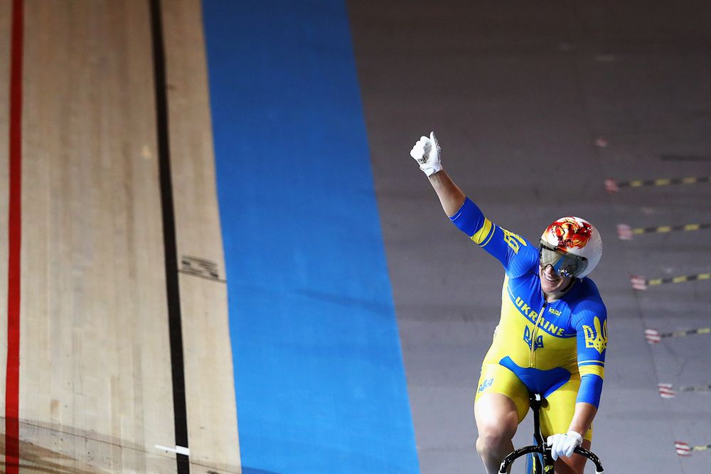Lyubov Shulika of Ukraine celebrates victory after she competes in the Women's Keirin Final