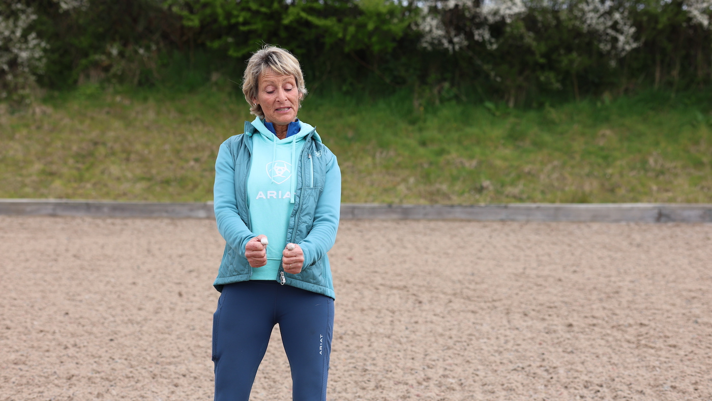 Training with Mary King, demonstrating rider position