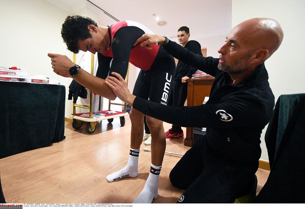 Assos show off their clothing during a fitting for Greg Van Avermaet