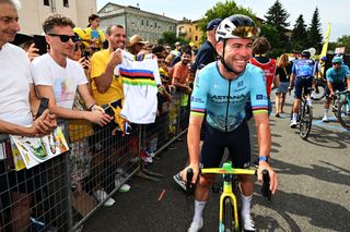 PIACENZA ITALY JULY 01 Mark Cavendish of The United Kingdom and Astana Qazaqstan Team prior to the 111th Tour de France 2024 Stage 3 a 2308km stage from Piacenza to Torino UCIWT on July 01 2024 in Piacenza Italy Photo by Tim de WaeleGetty Images
