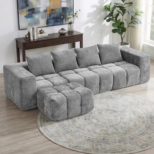 Umbfun 119" Oversized L Shaped Boneless Sectional Couch With Movable Ottoman, Tufted Modular Cloud Sofa, Deep Seat Chenille Couch for Living Room, No Assembly Required, Light Gray