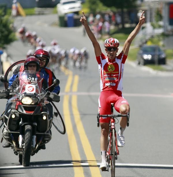 Rafael Serrano Fernandez (Heraklio-Murcia) wins stage one at Lac Etchemin.