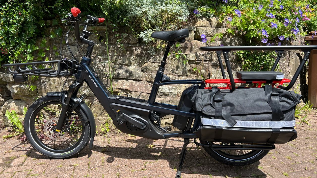 The Cannondale Cargowagen Neo 1 shown in full with a stone wall behind and greenery 