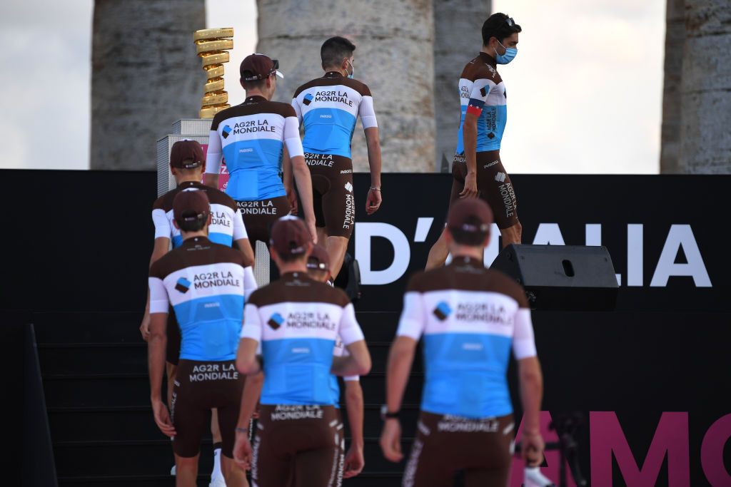 PALERMO ITALY OCTOBER 01 Francois Bidard of France Geoffrey Bouchard of France Tony Gallopin of France Ben Gastauer of Luxembourg Jaakko Hanninen of Finland Aurelien ParetPeintre of France Andrea Vendrame of Italy Larry Warbasse of The United States and Team Ag2R La Mondiale Trofeo Senza Fine Trophy during the 103rd Giro dItalia 2020 Team Presentation in Archaeological Park of Segesta in Palermo City Temple of Segesta girodiitalia Giro on October 01 2020 in Palermo Italy Photo by Tim de WaeleGetty Images