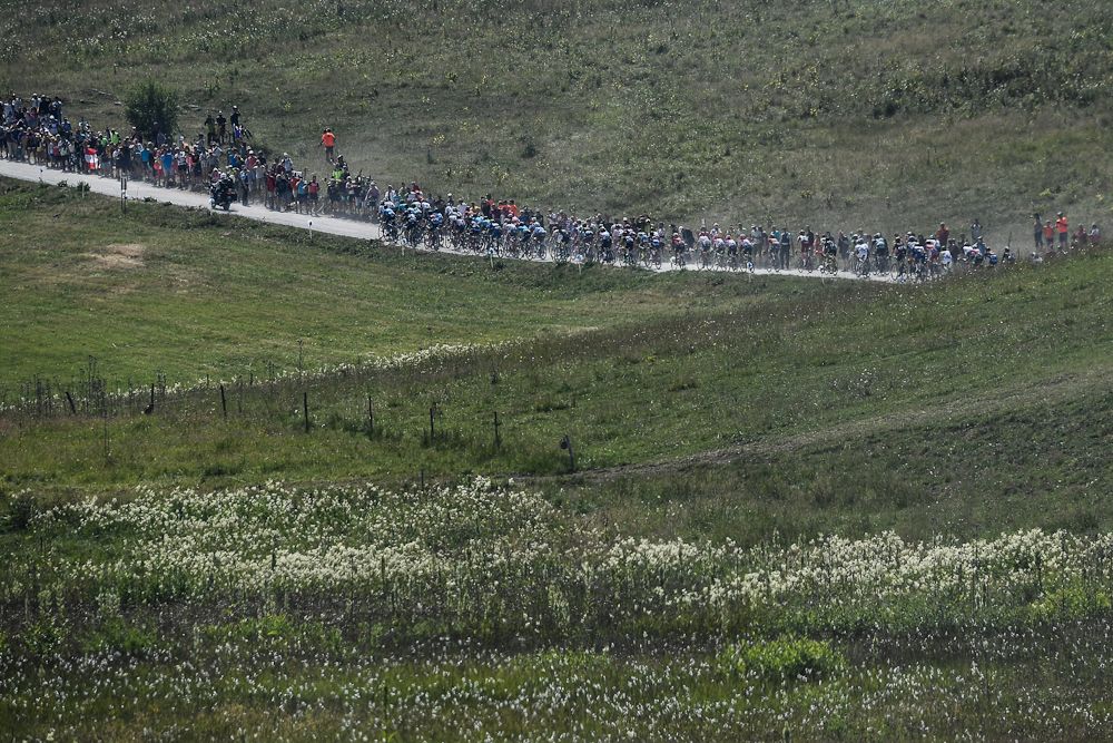 The peloton is lined out in the gravel during stage 10 at the Tour de France