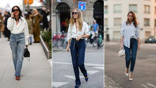 A composite of street style influencers showing jeans be business casual with a shirt
