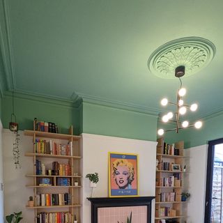home office after makeover neo green ceiling and chandelier