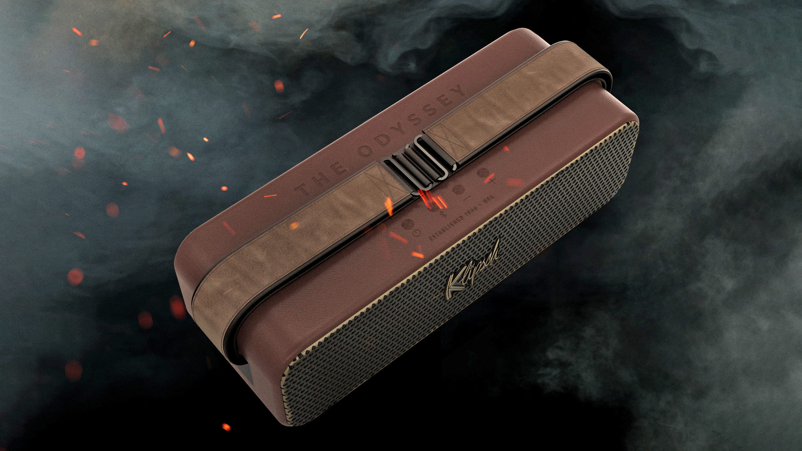 Klipsch The Odyssey speaker, with leather-like detailing, surrounded by smoke and sparks