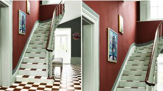 red hallway with staircase and check painted floor with bench creating a statement paint color idea for a hallway