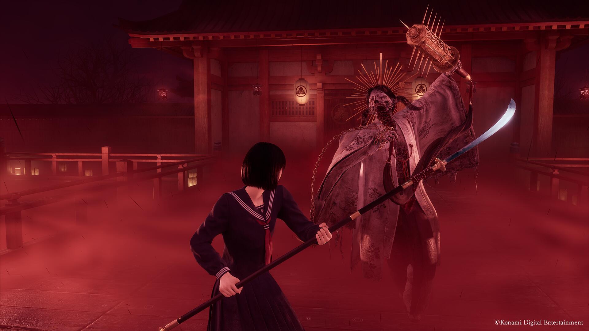 Hinako fights a shrine maiden boss in Silent Hill f