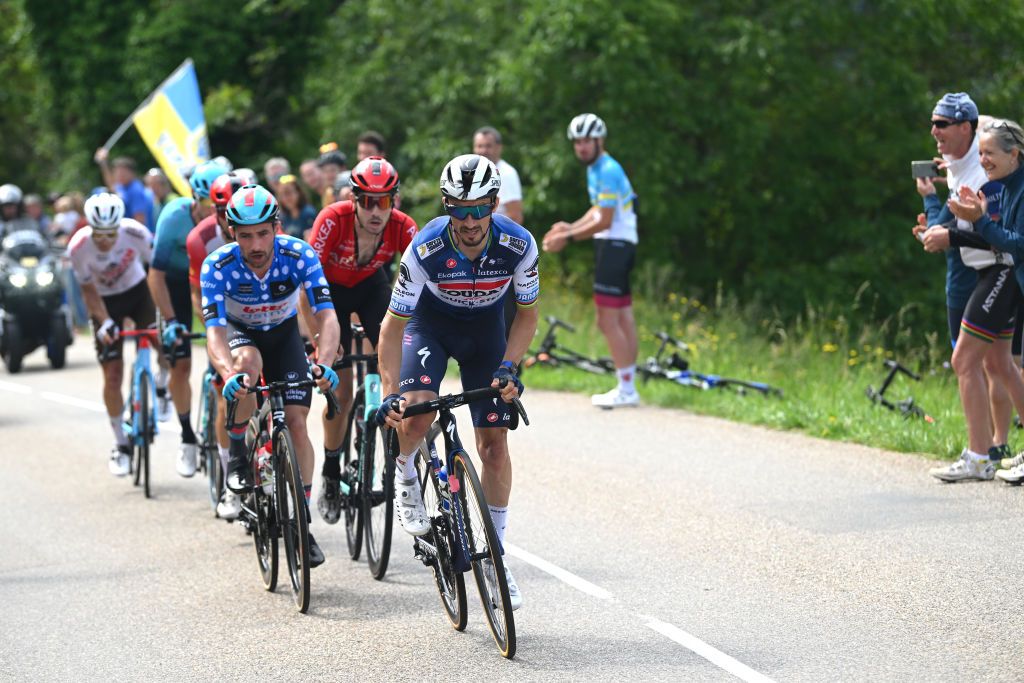 GRENOBLE ALPES MTROPOLE FRANCE JUNE 11 Julian Alaphilippe of France and Team Soudal Quick Step leads the breakaway during the 75th Criterium du Dauphine 2023 Stage 8 a 1528km stage from Le PontdeClaix to La Bastille Grenoble Alpes Mtropole 498m UCIWT on June 11 2023 in Grenoble Alpes Mtropole France Photo by Dario BelingheriGetty Images