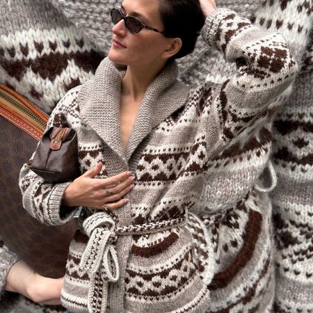 Eliza Huber wearing Do&ecirc;n's viral Hale cardigan.