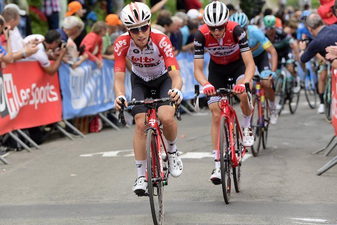 Bjorg Lambrecht (Lotto Soudal) on the Mur de Huy on his way to fourth place at the 2019 Fl&egrave;che Wallonne