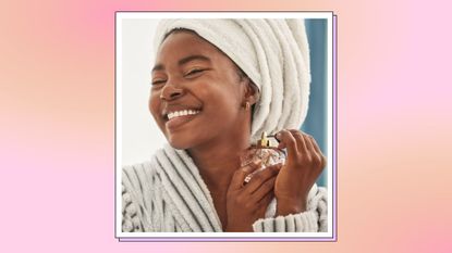 Shot of a young woman looking cheerful while using perfume / in a pink and orange template