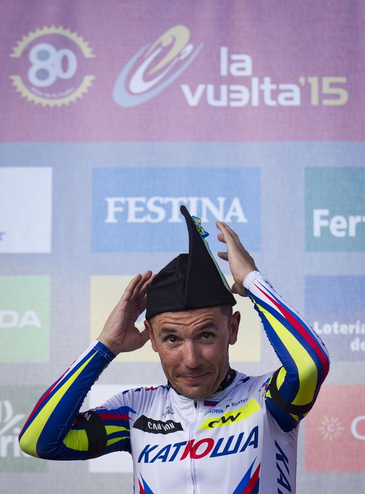 Joaquim Rodr&iacute;guez (Katusha) on the stage 15 podium at the Vuelta a Espana.