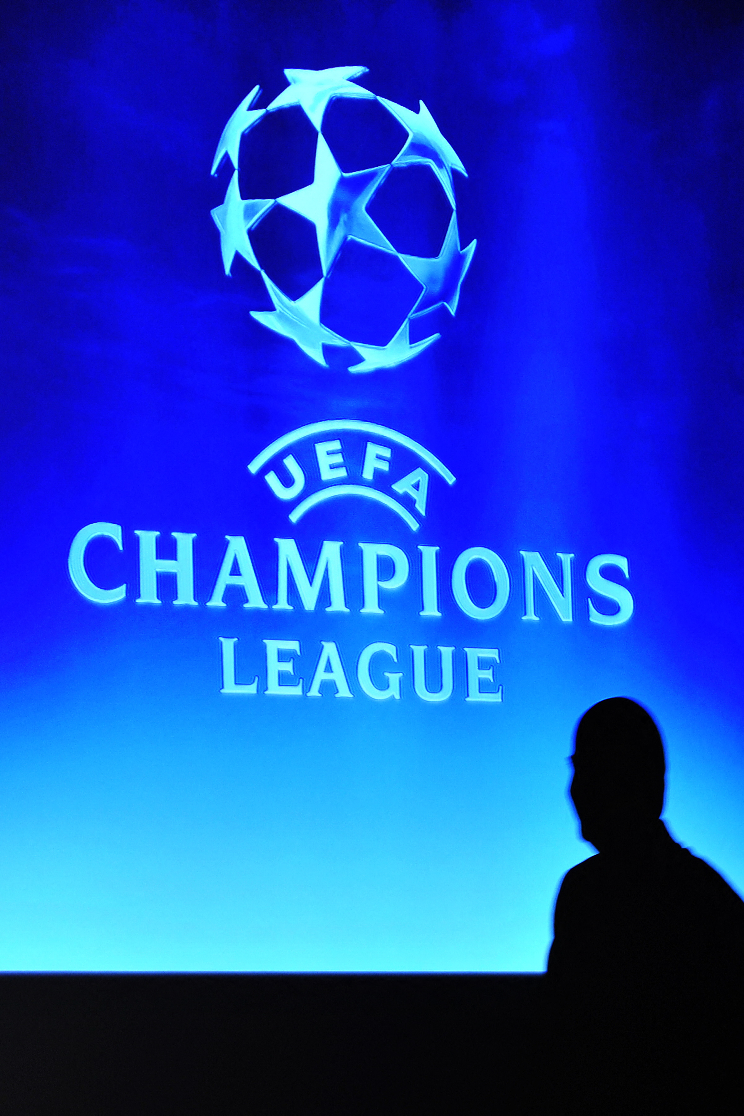 The Champions League logo on a big screen