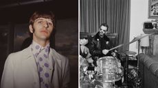 a split screen image with a picture of ringo starr on the left and ringo in his living room on the right