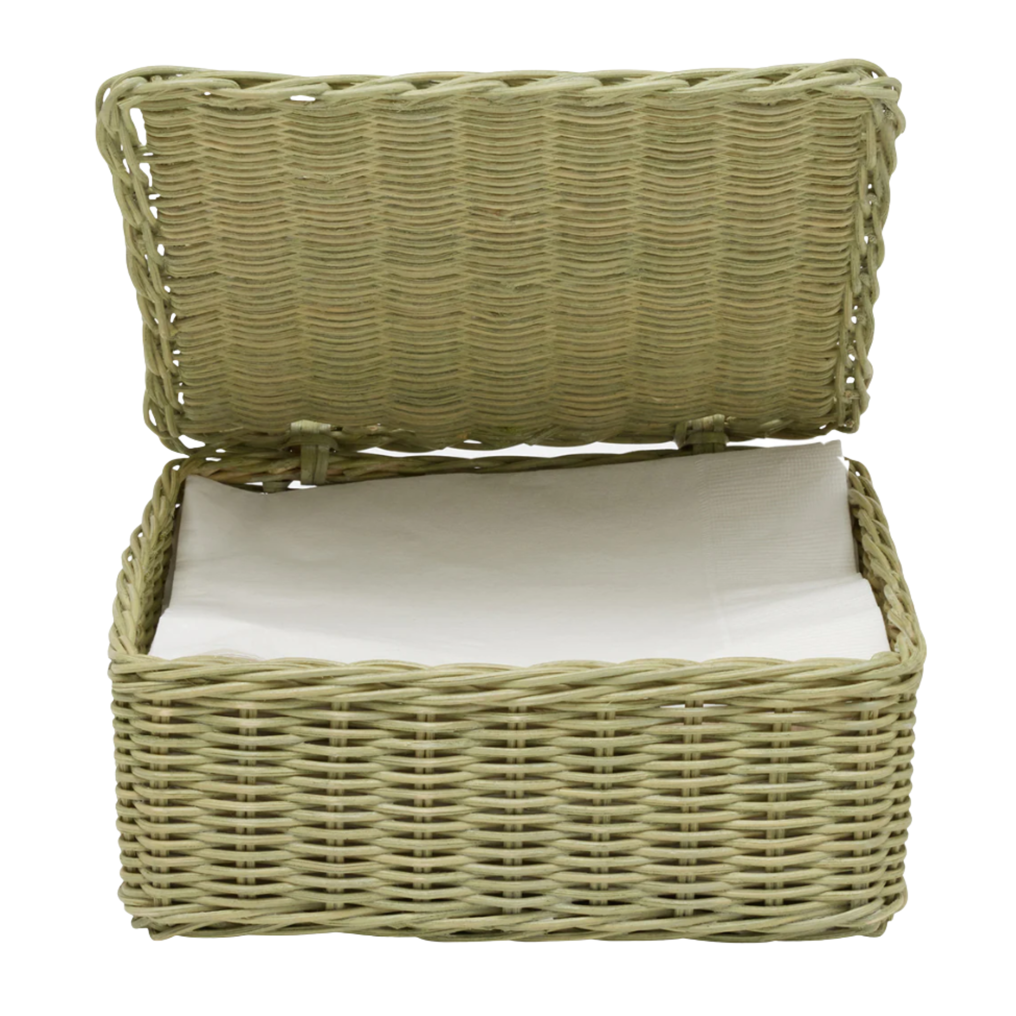 a green wicker napkin holder