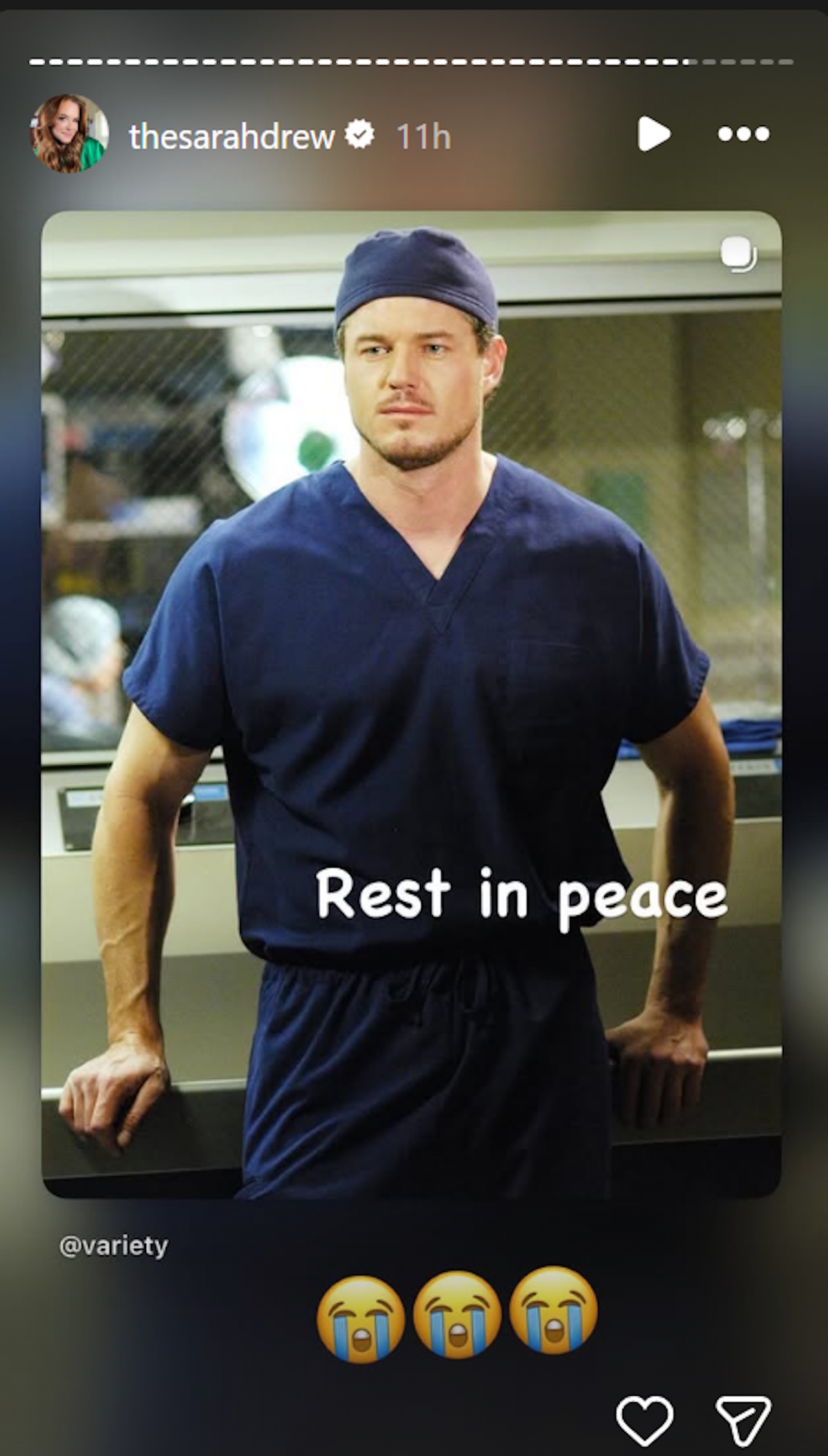 Sarah Drew pays tribute to her former Grey's Anatomy co-star Eric Dane, who died February 19, 2026, at 53 from ALS.