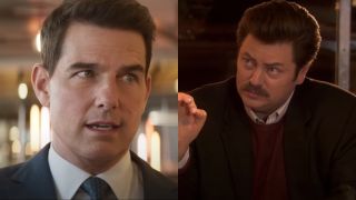 Tom Cruise in Mission: Impossible - Dead Reckoning - Part One and Nick Offerman in Parks and Recreation, pictured side by side.