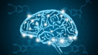 Human brain illustration with hormone biochemical (serotonin, dopamine, and norepinephrine) concept background