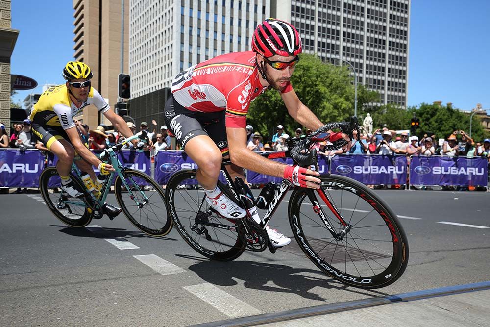 Thomas de Gendt (Lotto-Soudal) takes a corner