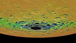 The view shown here is an orthographic projection of Mercury's south polar region, colored by an illumination map.