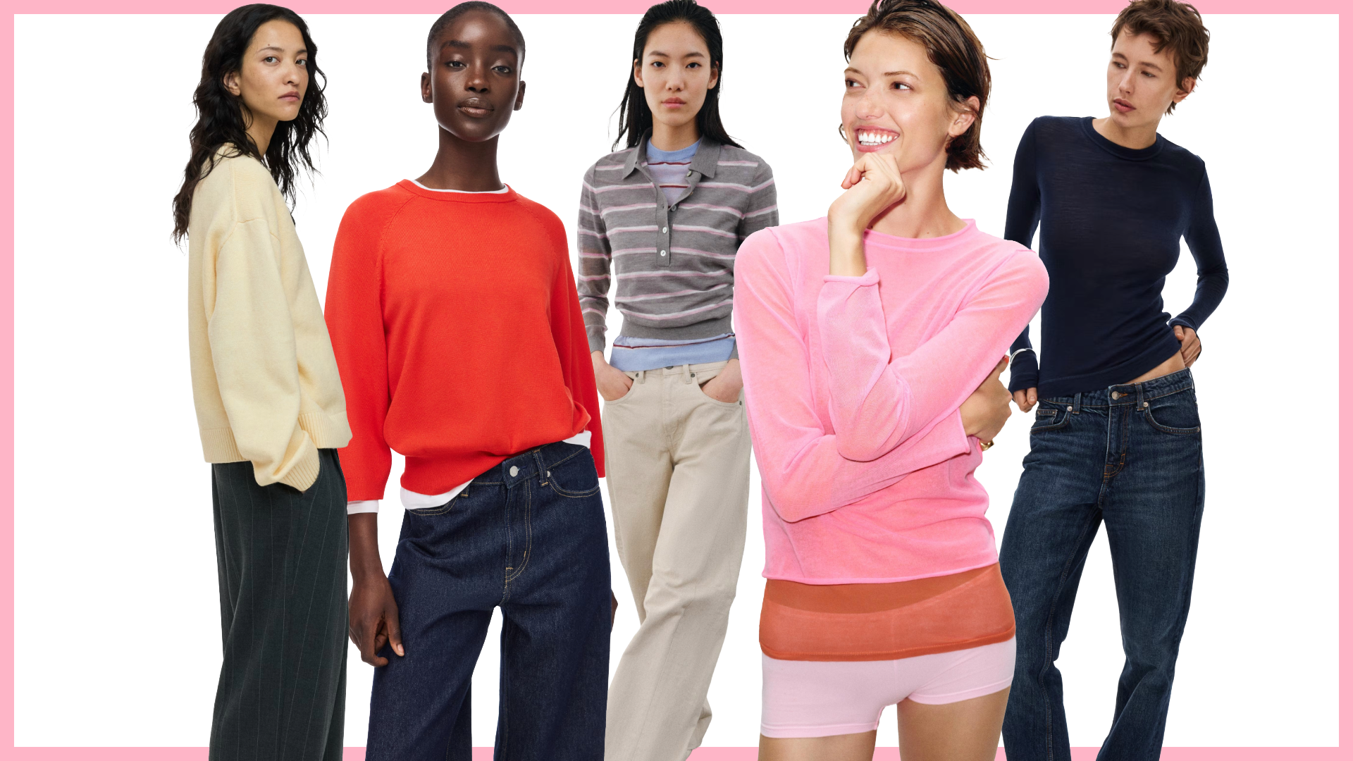 models wearing colorful sweaters from H&amp;M and zara on white background with pink border