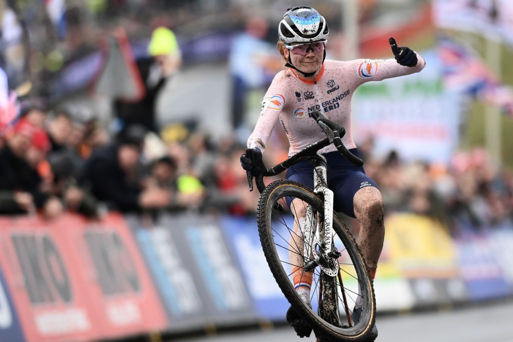 HOOGERHEIDE NETHERLANDS FEBRUARY 04 Puck Pieterse of The Netherlands crosses the finish line on second place during the 74th World Championships CycloCross 2023 Womens Elite CXWorldCup Hoogerheide2023 on February 04 2023 in Hoogerheide Netherlands Photo by David StockmanGetty Images