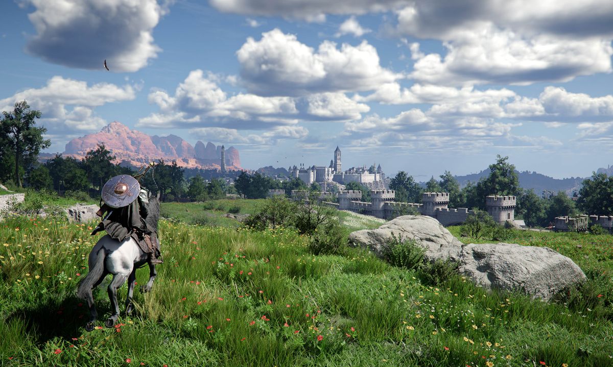 Crimson Desert gameplay in the open world showing Kliff riding through a lush green field with a gleaming city ahead