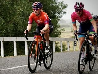 Olivia Ray (Human Powered Health) alongside Michaela Drummond (BePink) in the early stages of the 2022 New Zealand Elite Road National Championships 