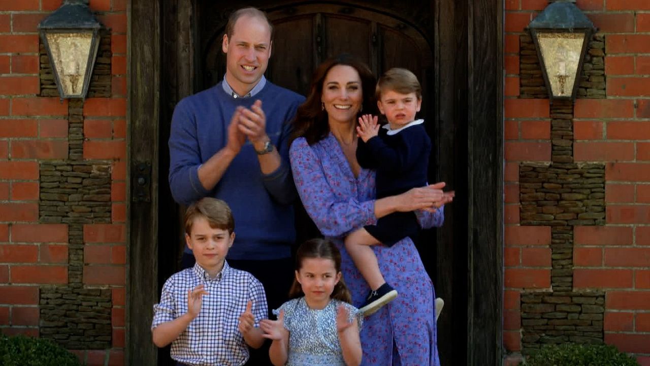 Prince William, Duke of Cambridge, Catherine Duchess of Cambridge, Prince George of Cambridge, Princess Charlotte of Cambridge and Prince Louis of Cambridge clap for NHS carers as part of the BBC Children In Need and Comic Relief &#039;Big Night In