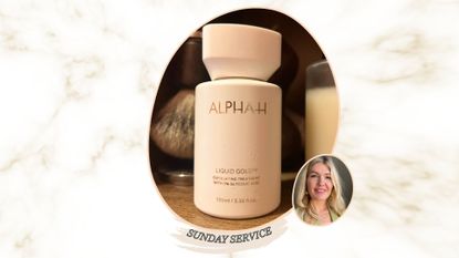 An image of alpha h liquid gold exfoliator on a shelf next to a shaving brush, beside an image of beauty editor Fiona McKim