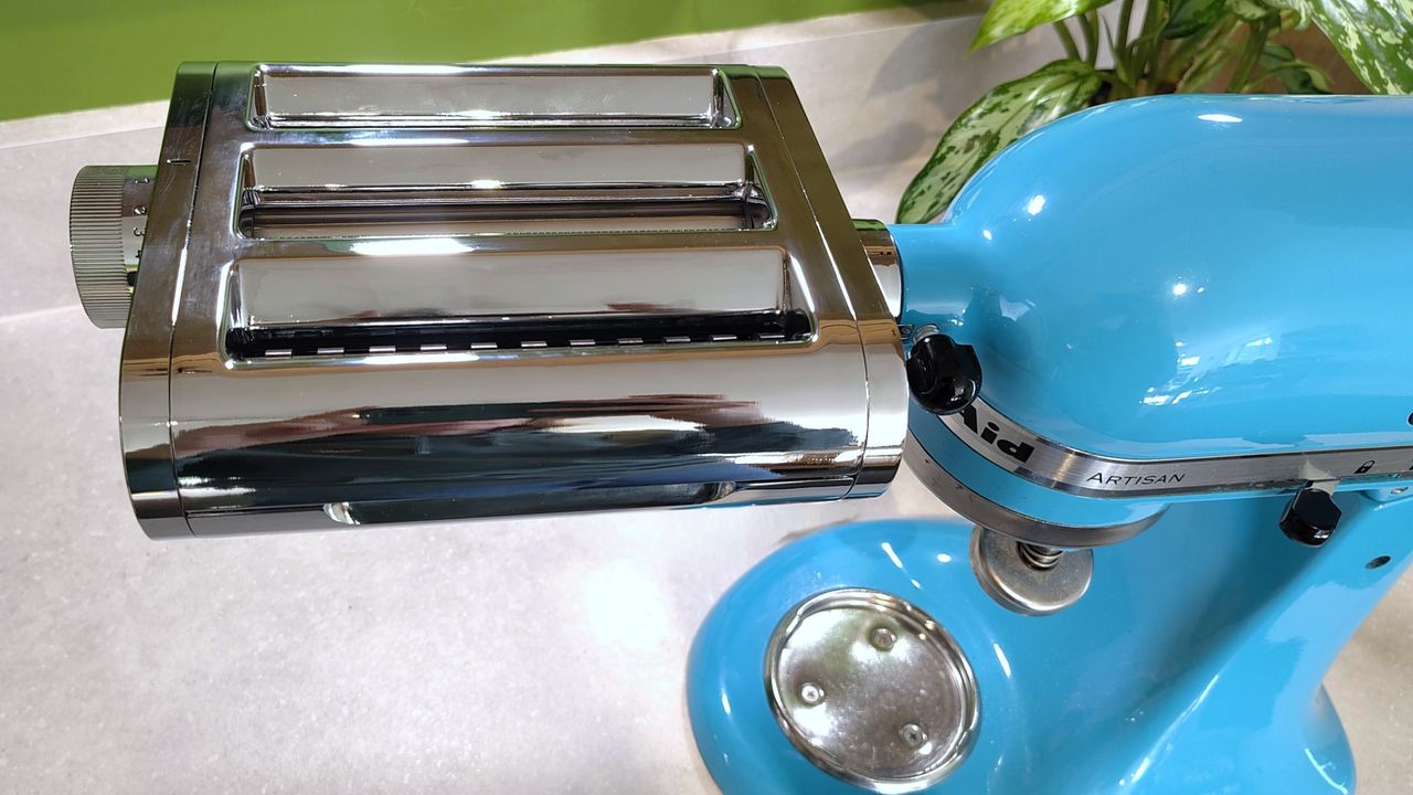 KitchenAid pasta roller attachment attached to stand mixer