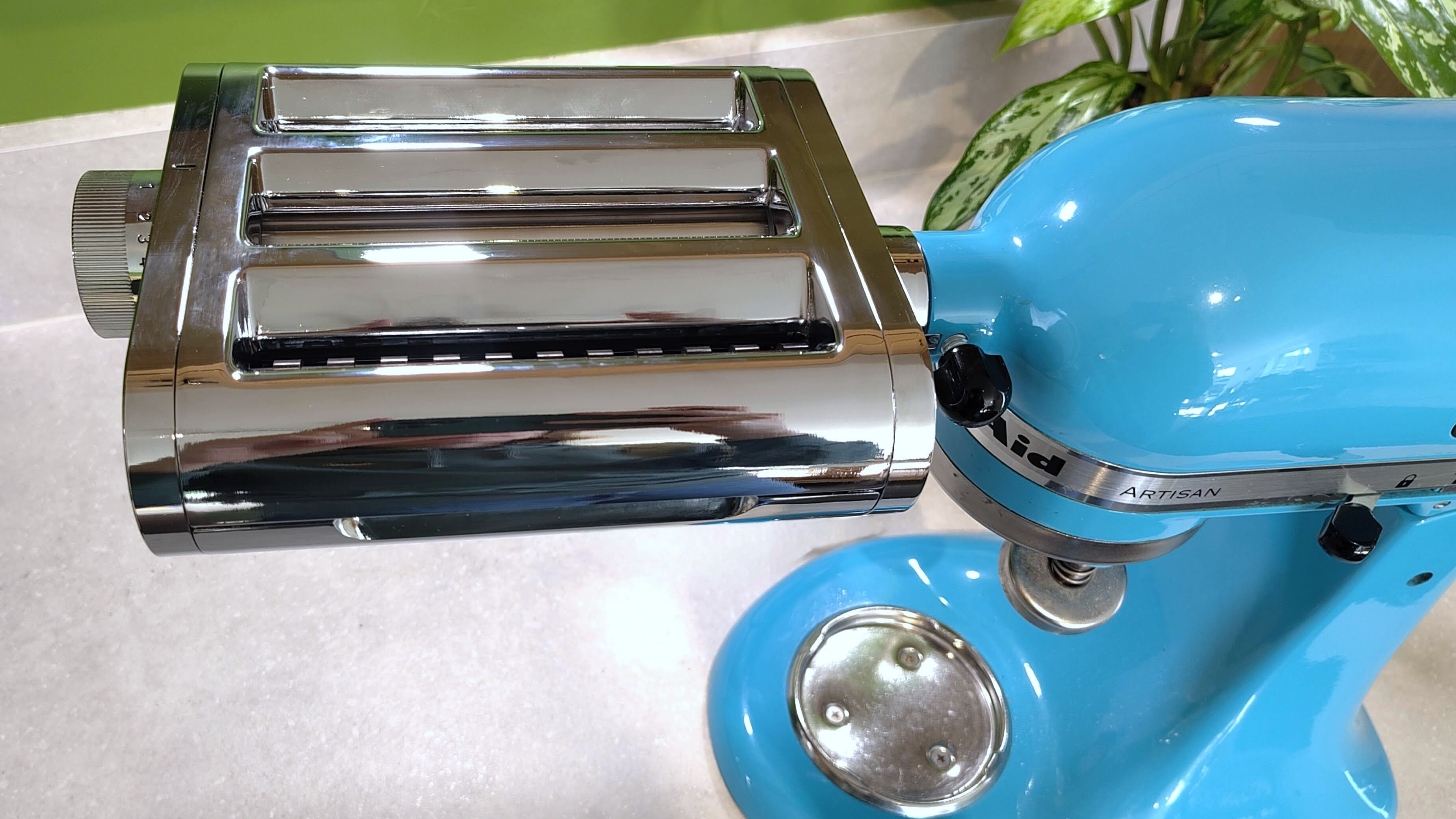KitchenAid pasta roller attachment attached to stand mixer