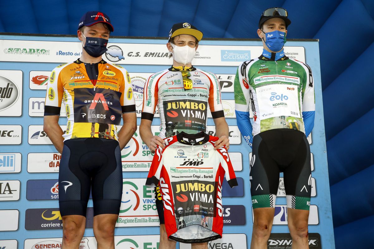 Settimana Internazionale Coppi e Bartali 2021 36th Edition 2nd stage Riccione Sogliano al Rubicone 163 km 24032021 Ethan Hayter GBR Ineos Grenadiers Jonas Vingegaard DEN Jumbo Visma Marton Dina HUN Eolo Kometa Cycling Team photo Roberto BettiniBettiniPhoto2021