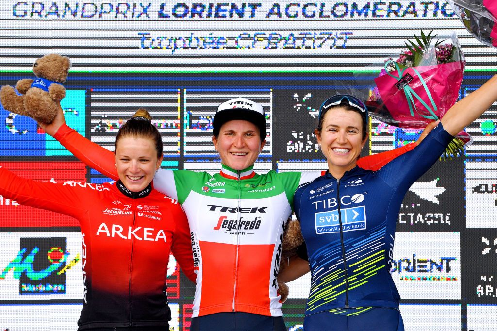 PLOUAY FRANCE AUGUST 30 LR Gladys Verhulst of France and Arkea Pro Cycling Team Elisa Longo Borghini of Italy and Team Trek Segafredo and Kristen Faulkner of United States and Team TIBCO Silicon Valley Bank celebrate winning on the podium ceremony after the 20th GP de Plouay Lorient Agglomration Trophe Ceratizit 2021 a 1504km one day race from Plouay to Plouay GrandPrixPlouay OuestFrance on August 30 2021 in Plouay France Photo by Luc ClaessenGetty Images