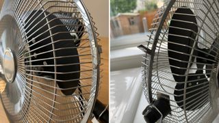 fan guard showing clips to remove as fisrt step for how to clean a fan