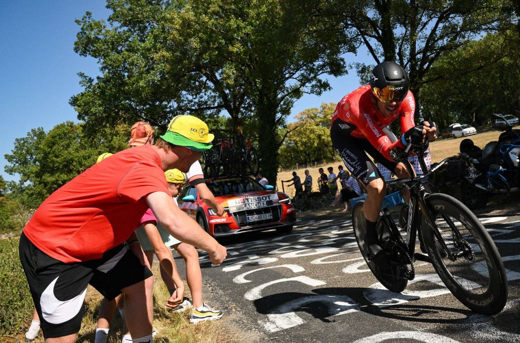 Bahrain Victorious teams Spanish rider Luis Leon Sanchez cycles during the 20th stage of the 109th edition of the Tour de France cycling race 407 km individual time trial between LacapelleMarival and Rocamadour in southwestern France on July 23 2022 Photo by Marco BERTORELLO AFP Photo by MARCO BERTORELLOAFP via Getty Images