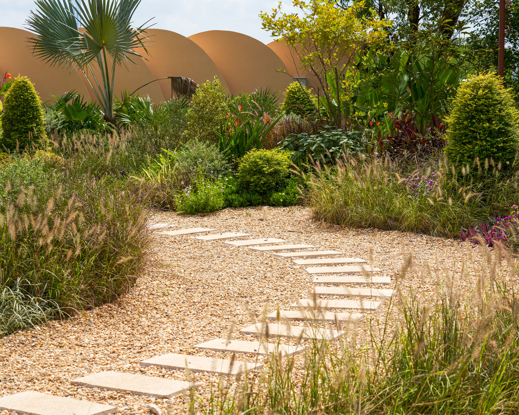 gravel garden with flagstone path, topiary and ornamental grasses