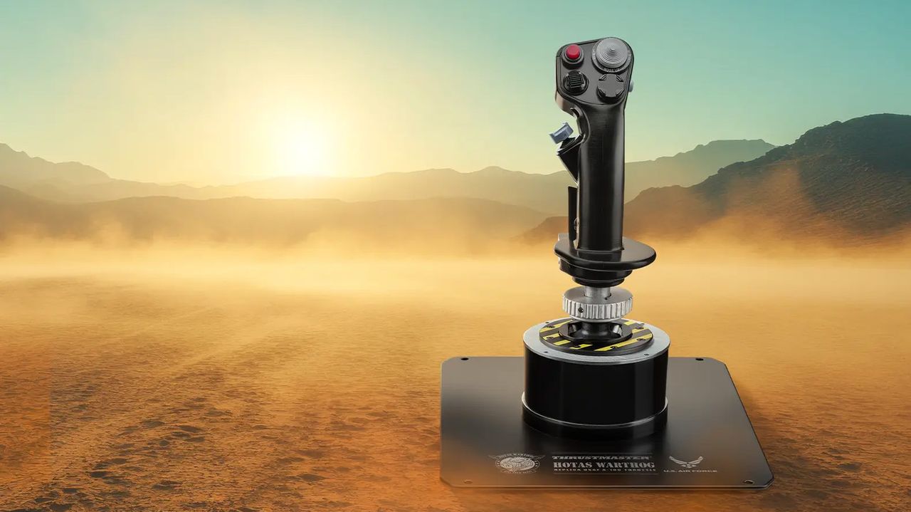 Thrustmaster HOTAS WARTHOG MK II flight stick promotional renders with a dusty desert background scene