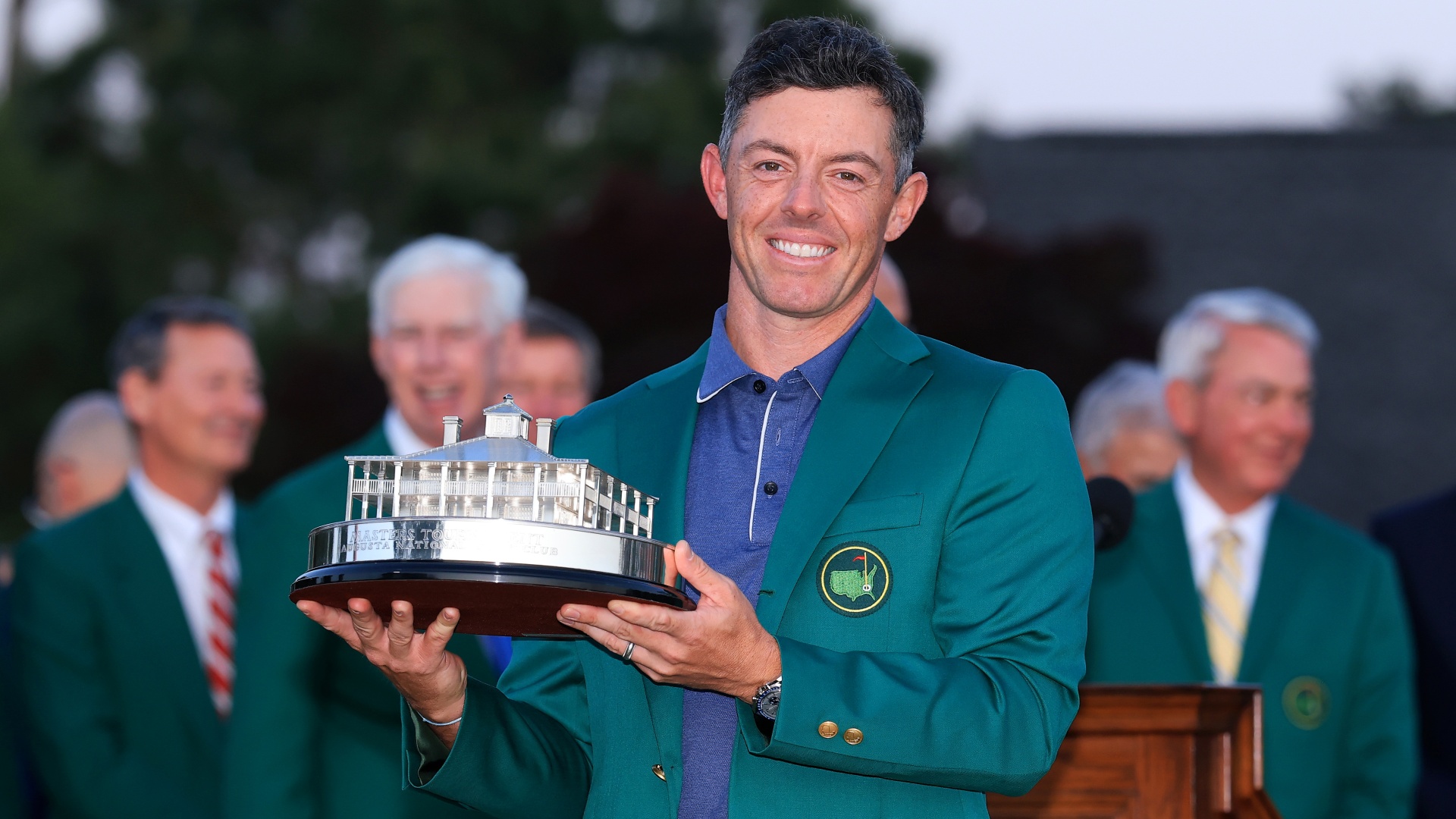 Rory McIlroy holding the Masters trophy after winning the tournament in 2025