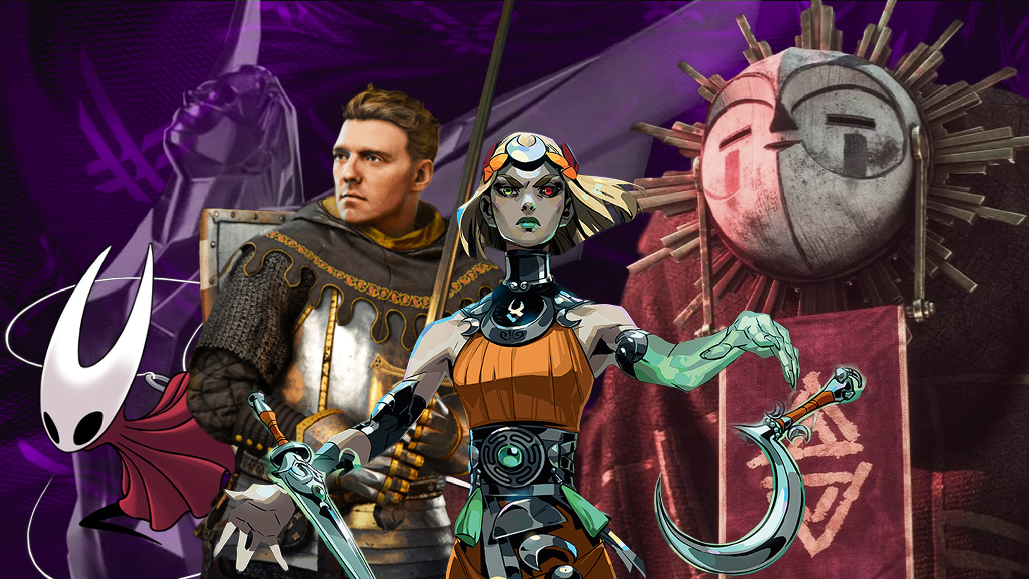 Characaters from Silksong, Kingdome Come: Deliverance 2, Hades 2, and Clair Obscur: Expedition 33 in front of a purple background with the Game of the Year award. 