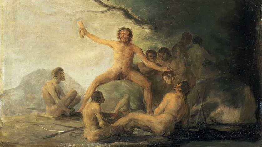 a painting of a group of naked men in the forest. In the middle, one man holds up a severed human arm.