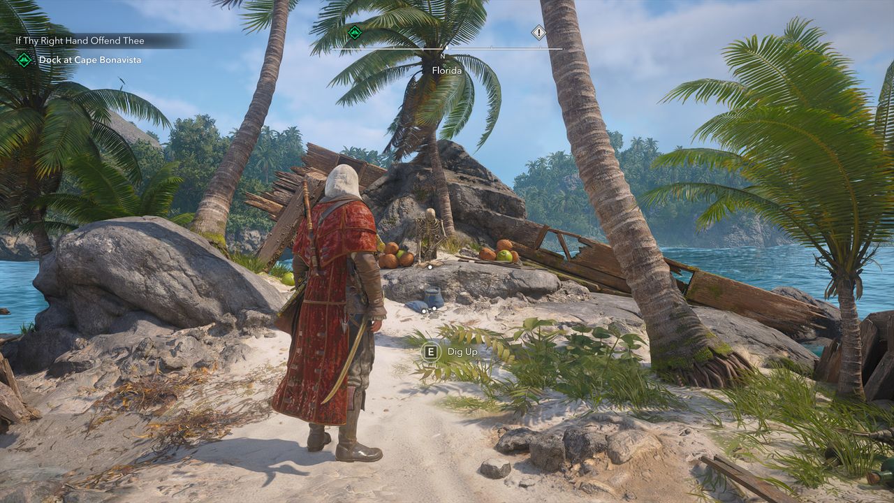 Black Flag treasure maps: Edward standing next to palm trees surrounding a ship wreck on a tropical beach.