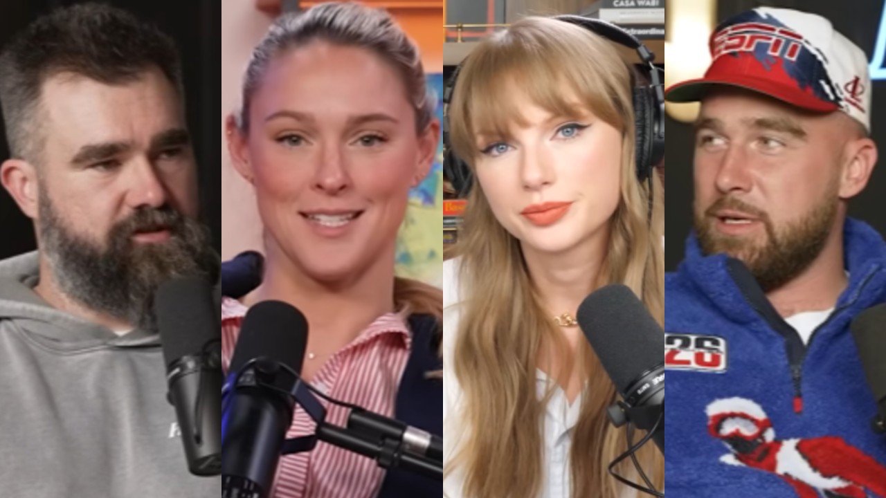 L-R: Jason Kelce looking to his right on New Heights, Kylie Kelce looking forward on Not Gonna Lie, Taylor Swift looking forward on New Heights and Travis Kelce looking to his left on New Heights. 