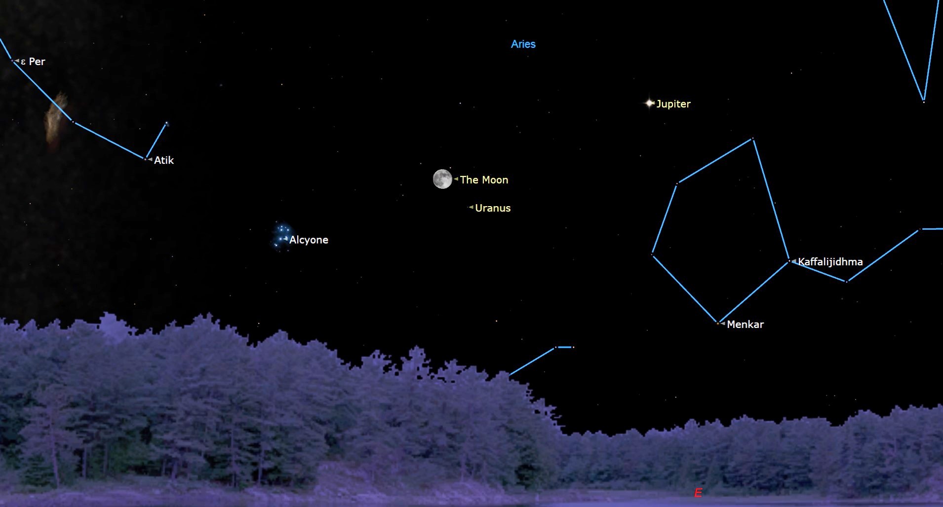 blue lines connect stars in the night sky to show constellations. uranus, jupiter and the moon are also shown